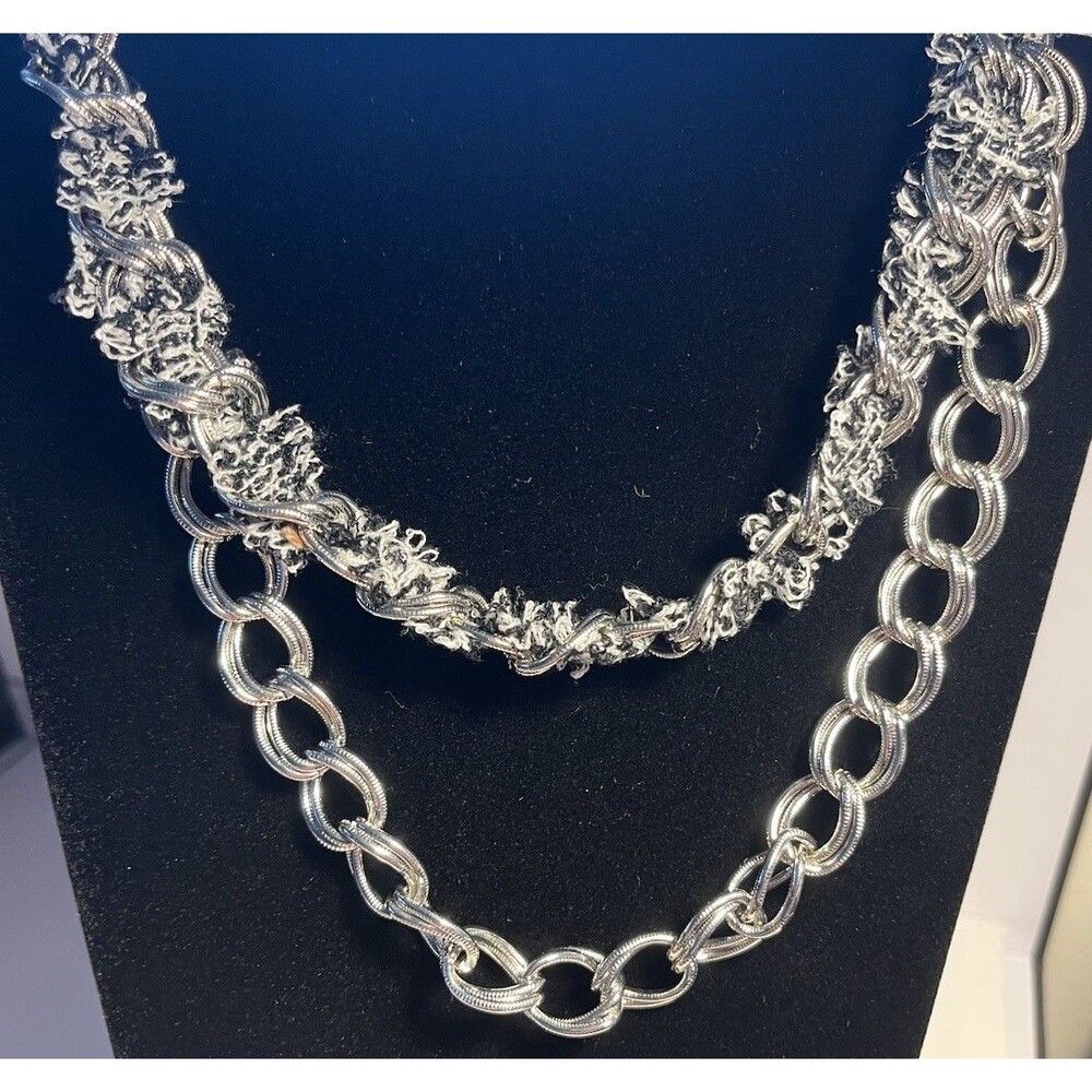 New York & Company Layered Silver Tone Chain Necklace Black/White Fabric Mesh